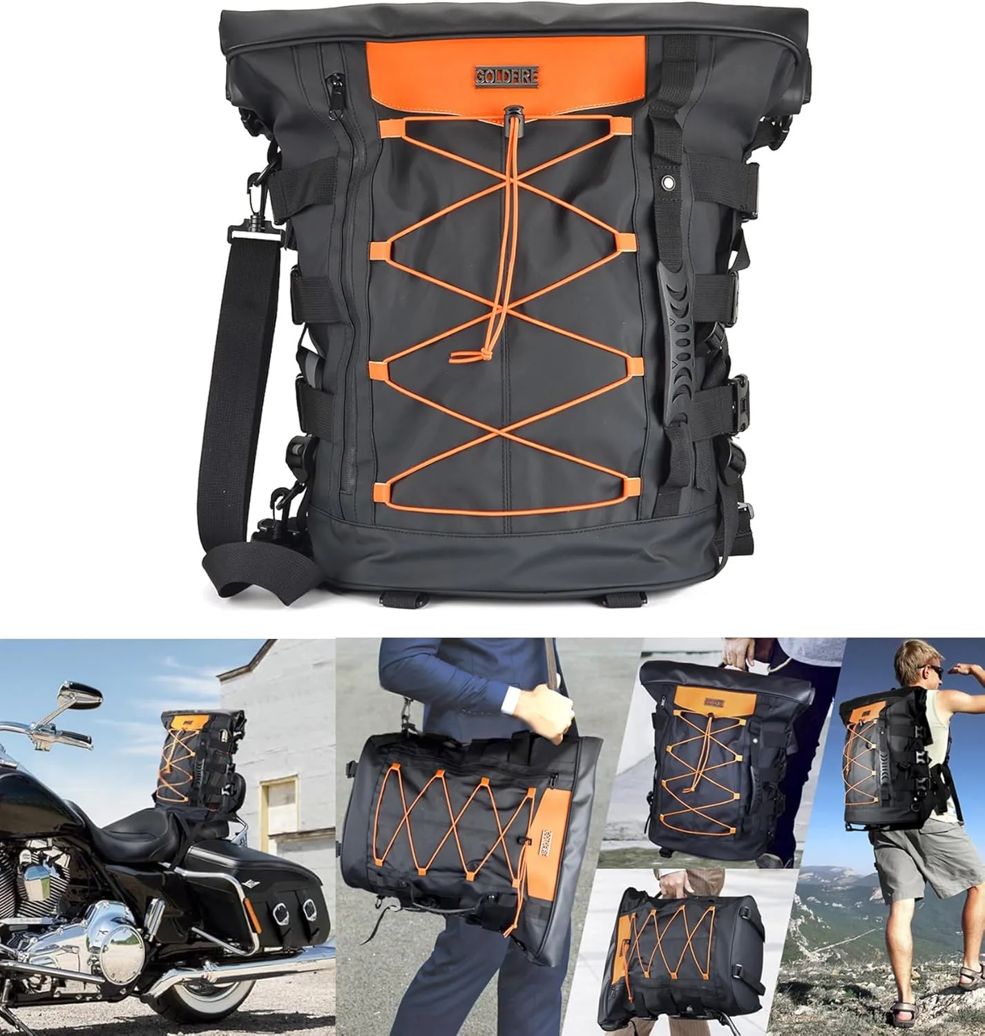 Goldfire Expandable Motorcycle Travel Luggage Sissy Bar Bag, Weather Resistant Tail Duffle Bag Backpack with Sissy Bar Straps