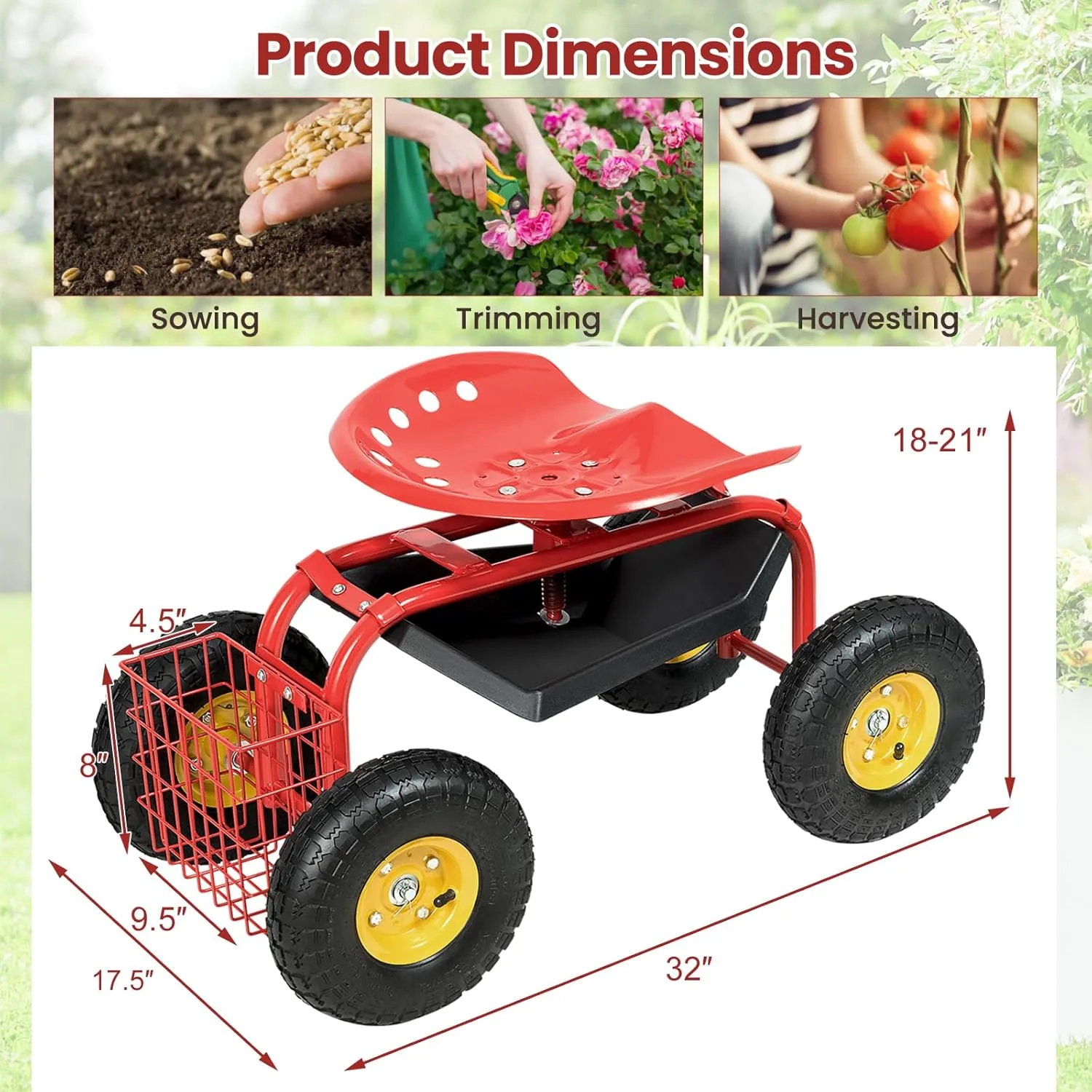 Goplus Garden Seat with Wheels, Rolling Garden Cart with Adjustable 360° Swivel Seat, Tool Tray, Basket for Lawn, Yard, Patio, Heavy Duty Gardening Stool, Outdoor Wagon Scooter for Seniors