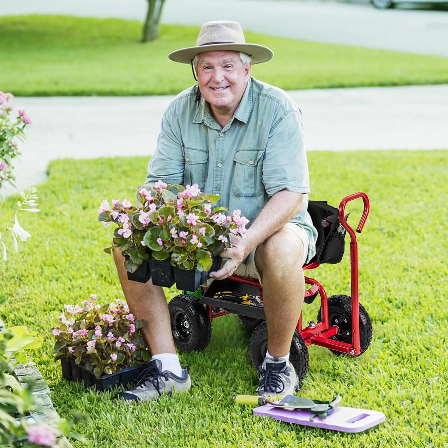 Goplus Garden Seat with Wheels, Rolling Gardening Stool with Adjustable 360° Swivel Seat, Tool Tray & Storage Basket, Extendable Handle, Outdoor Gardening Scooter, Garden Cart Workseat for Seniors