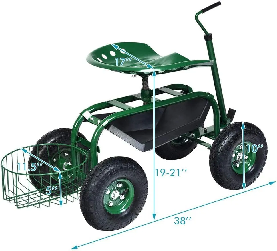 Goplus Rolling Garden Seat with Wheels, Outdoor Gardening Scooter with 360° Swivel Seat, Tool Tray & Basket, Adjustable Steering Handle for Lawn, Gardening Stool, Garden Cart for Planting