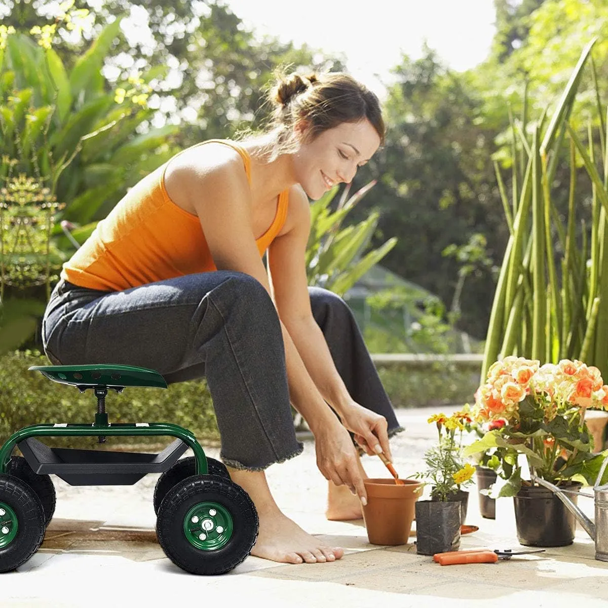 Goplus Rolling Garden Seat with Wheels, Outdoor Gardening Scooter with 360° Swivel Seat, Tool Tray & Basket, Adjustable Steering Handle for Lawn, Gardening Stool, Garden Cart for Planting