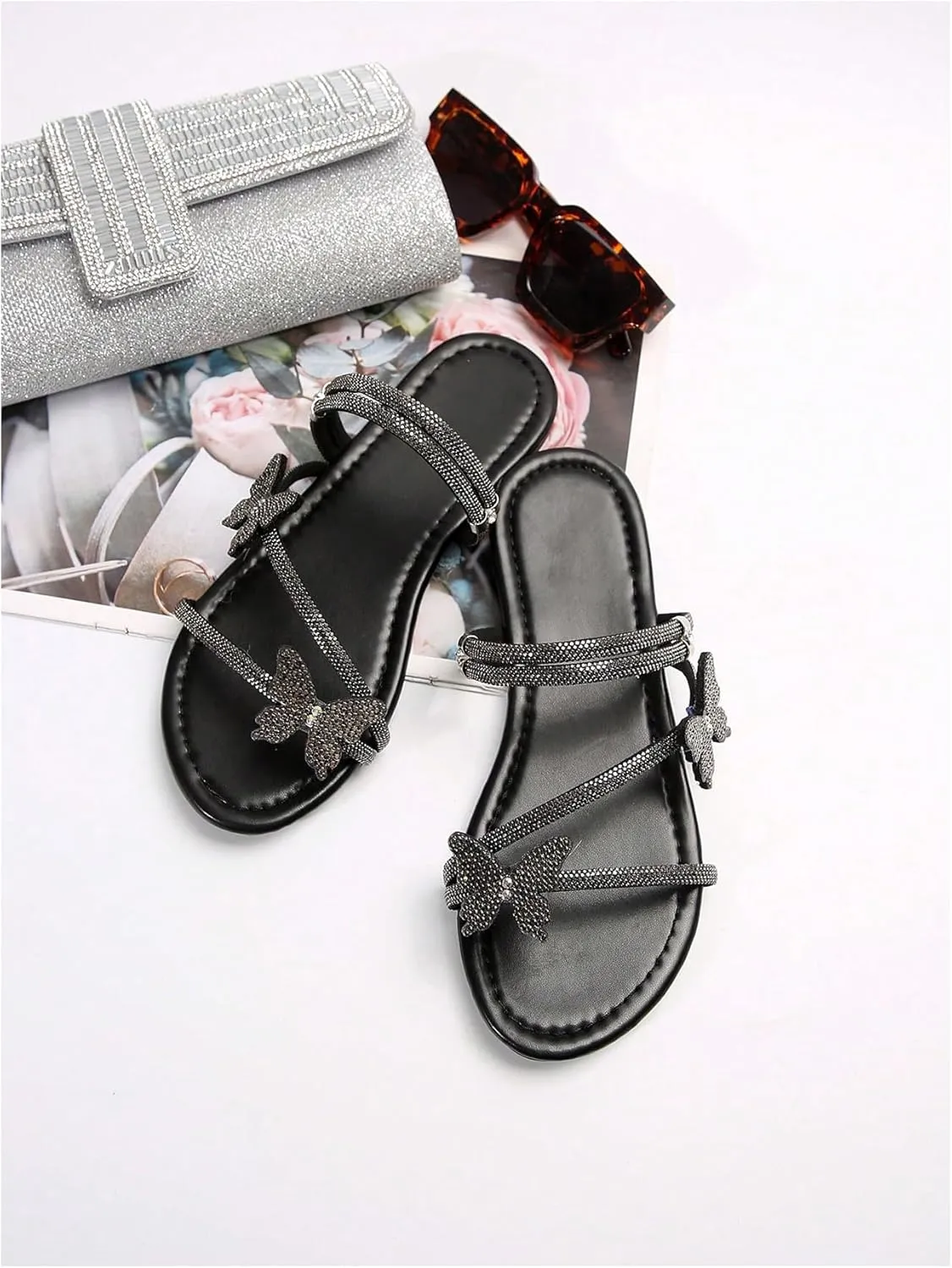 GORGLITTER Women's Butterfly Sparkly Flat Sandals Strappy Slip On Vacation Summer Slide Sandals