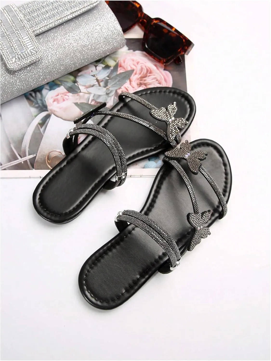 GORGLITTER Women's Butterfly Sparkly Flat Sandals Strappy Slip On Vacation Summer Slide Sandals