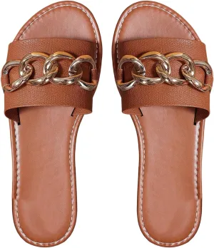 GORGLITTER Women's Sparkly Chain Link Open Toe Slide Sandals Slip On Dressy Summer Flat Sandals