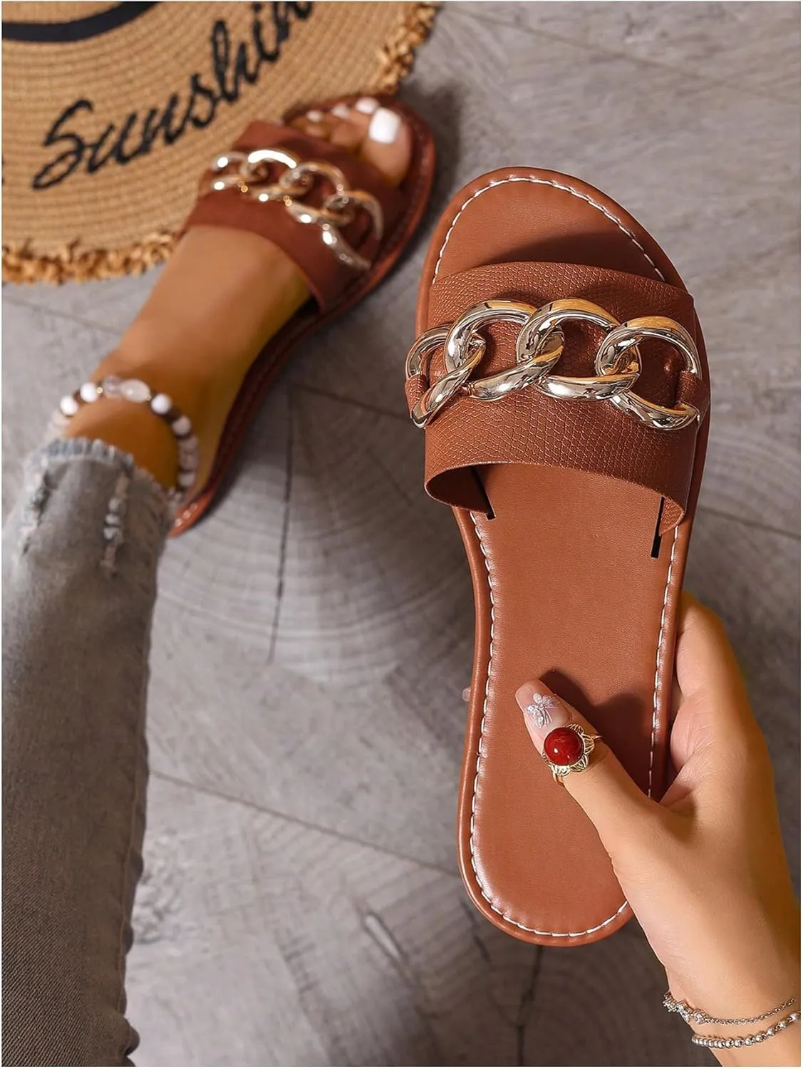 GORGLITTER Women's Sparkly Chain Link Open Toe Slide Sandals Slip On Dressy Summer Flat Sandals