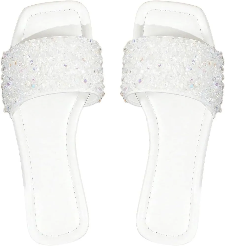 GORGLITTER Women's Sparkly Rhinestone Flat Sandals Bling Slip on Open Toe Slide Sandals Summer Squared Slippers