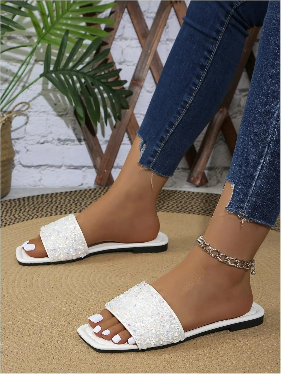 GORGLITTER Women's Sparkly Rhinestone Flat Sandals Bling Slip on Open Toe Slide Sandals Summer Squared Slippers