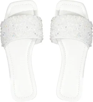 GORGLITTER Women's Sparkly Rhinestone Flat Sandals Bling Slip on Open Toe Slide Sandals Summer Squared Slippers