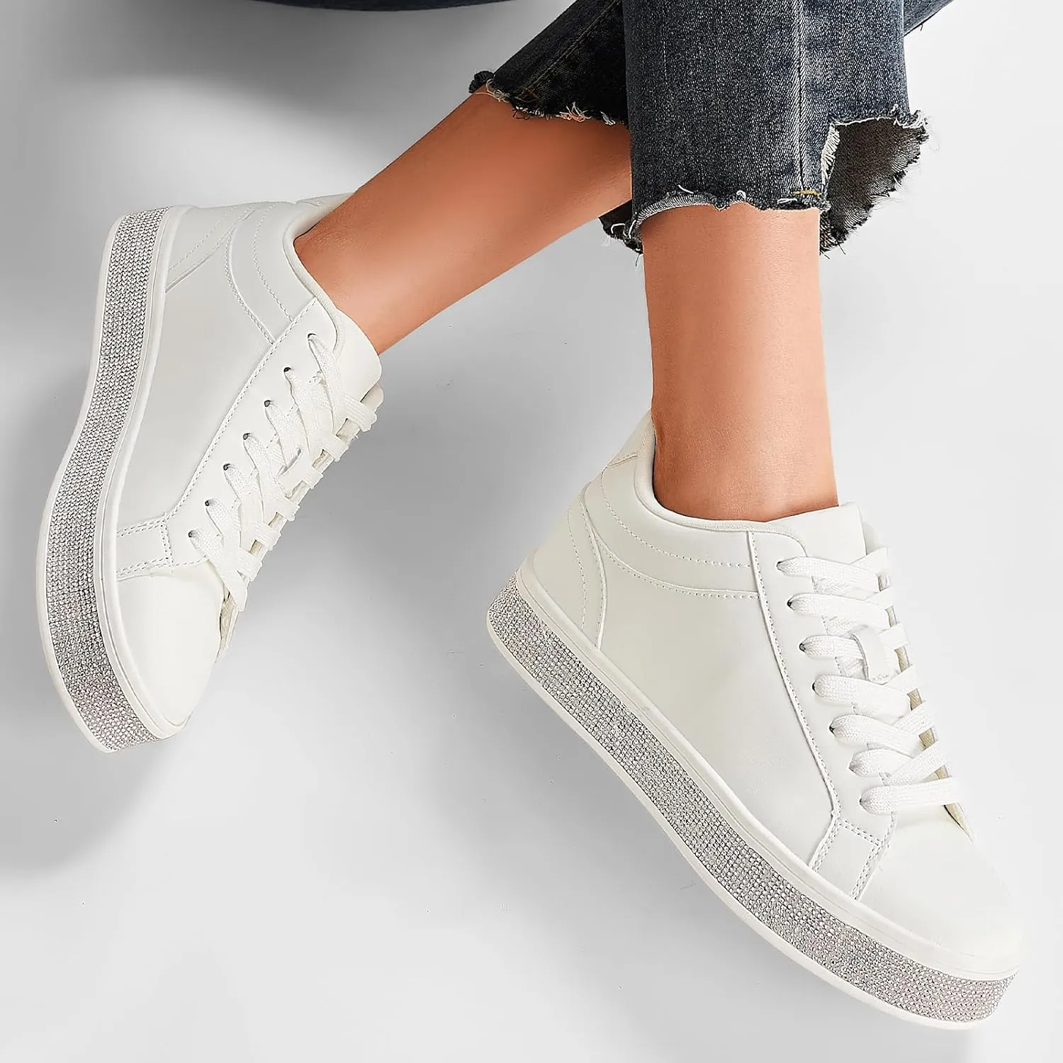 GOSERCE Women's Fashion Sneakers with Sparkly Glitter Rhinestone Sneakers Platform Tennis Shoes Trendy Cute Comfortable Casual Dressy Wedding Bridal Walking Concert Fall