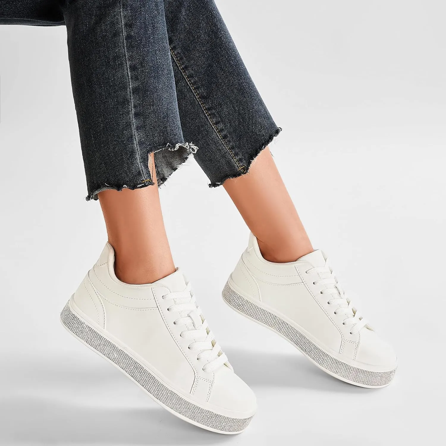 GOSERCE Women's Fashion Sneakers with Sparkly Glitter Rhinestone Sneakers Platform Tennis Shoes Trendy Cute Comfortable Casual Dressy Wedding Bridal Walking Concert Fall