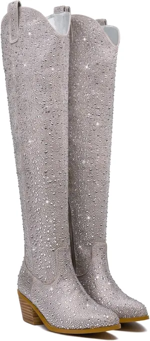 GOSERCE Women's Rhinestone Knee High Cowboy Boots Over the Knee Cowgirl Tall boots Pointed Toe Low Chunky Stacked Heel 5cm Pull On Tabs with Side Zipper Wide Sparkle Glitter Fashion Boots Party Retro Classic