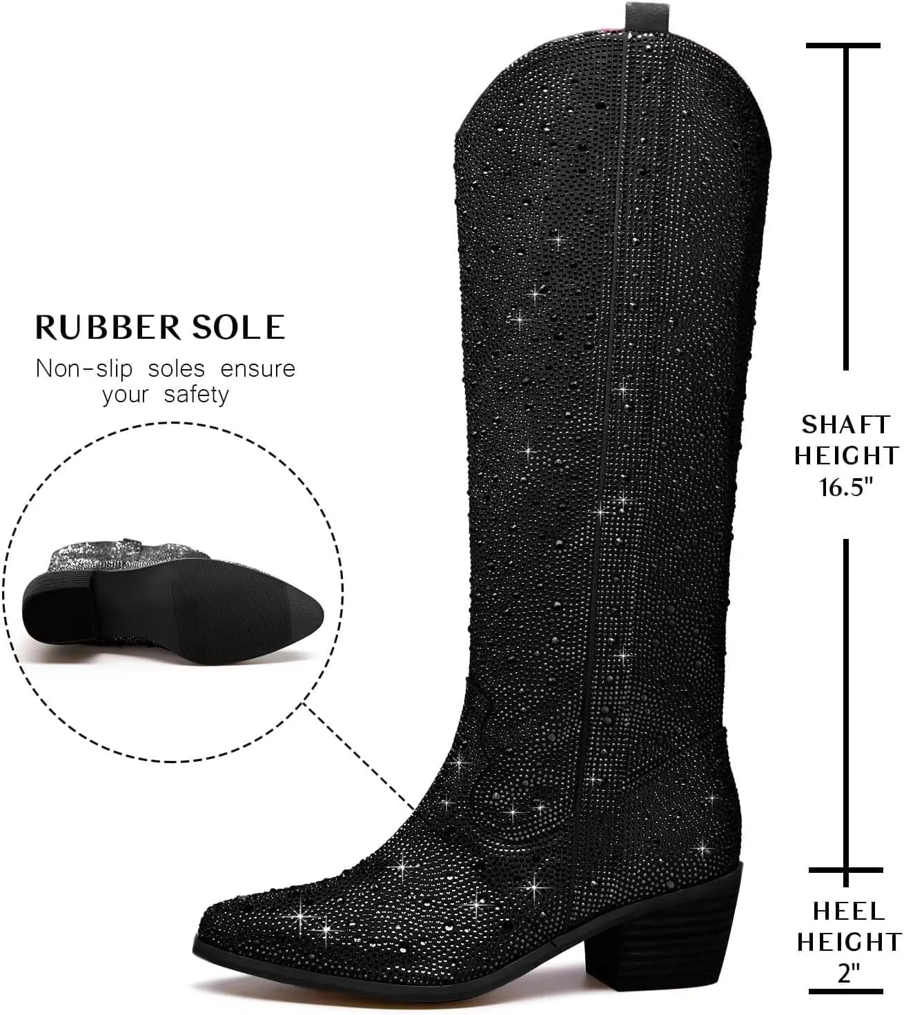 GOSERCE Women's Rhinestone Knee High Cowboy Boots Over the Knee Cowgirl Tall boots Pointed Toe Low Chunky Stacked Heel 5cm Pull On Tabs with Side Zipper Wide Sparkle Glitter Fashion Boots Party Retro Classic
