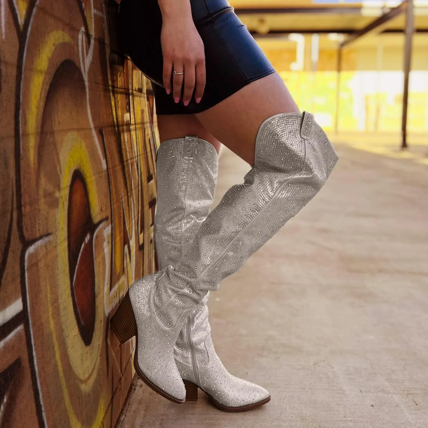 GOSERCE Women's Rhinestone Knee High Cowboy Boots Over the Knee Cowgirl Tall boots Pointed Toe Low Chunky Stacked Heel 5cm Pull On Tabs with Side Zipper Wide Sparkle Glitter Fashion Boots Party Retro Classic