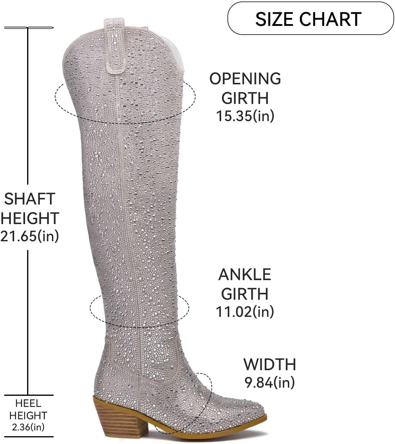 GOSERCE Women's Rhinestone Knee High Cowboy Boots Over the Knee Cowgirl Tall boots Pointed Toe Low Chunky Stacked Heel 5cm Pull On Tabs with Side Zipper Wide Sparkle Glitter Fashion Boots Party Retro Classic