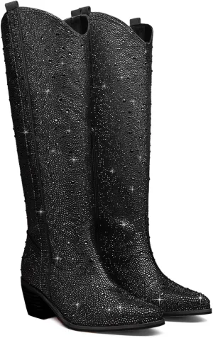 GOSERCE Women's Rhinestone Knee High Cowboy Boots Over the Knee Cowgirl Tall boots Pointed Toe Low Chunky Stacked Heel 5cm Pull On Tabs with Side Zipper Wide Sparkle Glitter Fashion Boots Party Retro Classic