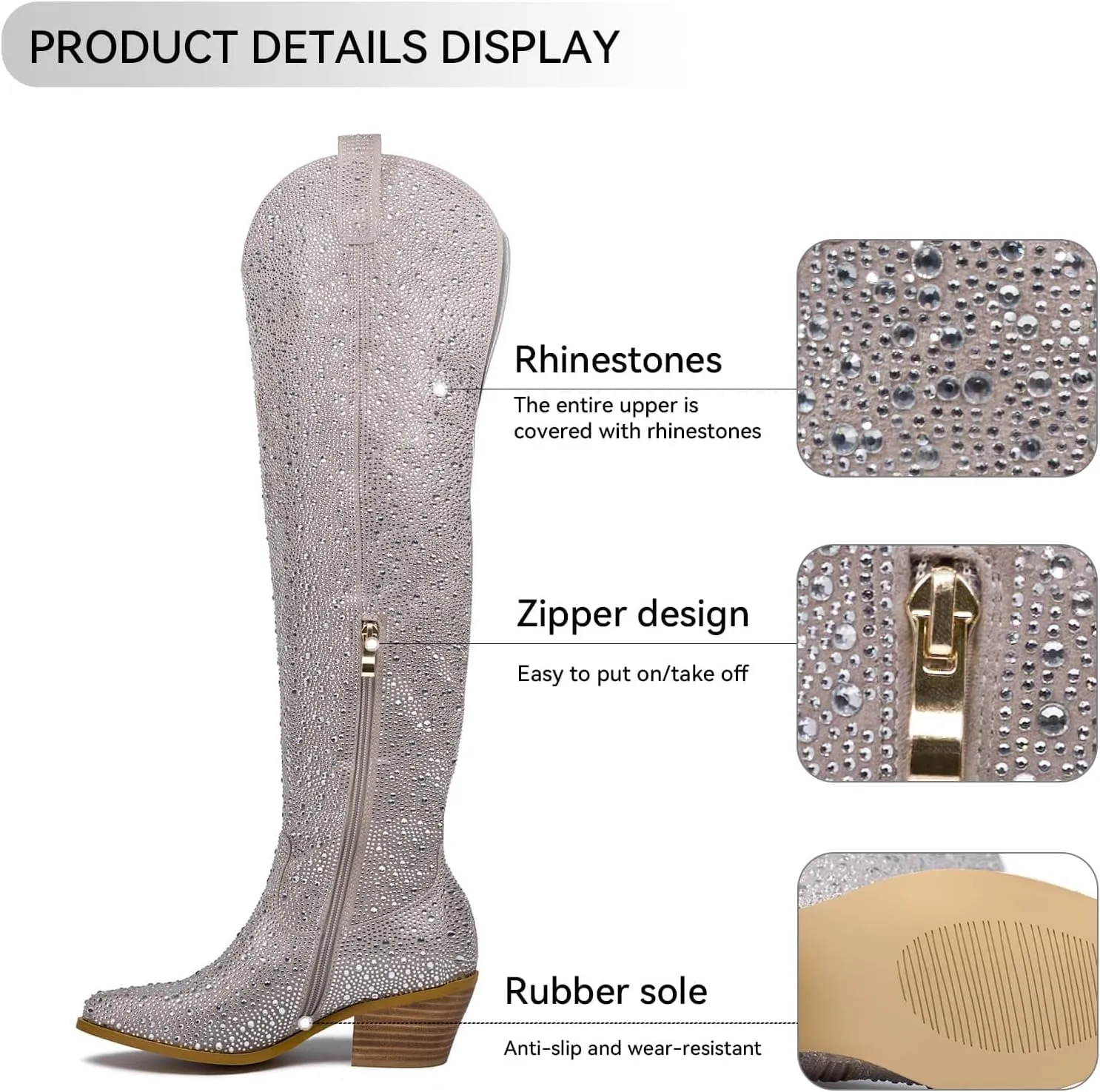 GOSERCE Women's Rhinestone Knee High Cowboy Boots Over the Knee Cowgirl Tall boots Pointed Toe Low Chunky Stacked Heel 5cm Pull On Tabs with Side Zipper Wide Sparkle Glitter Fashion Boots Party Retro Classic