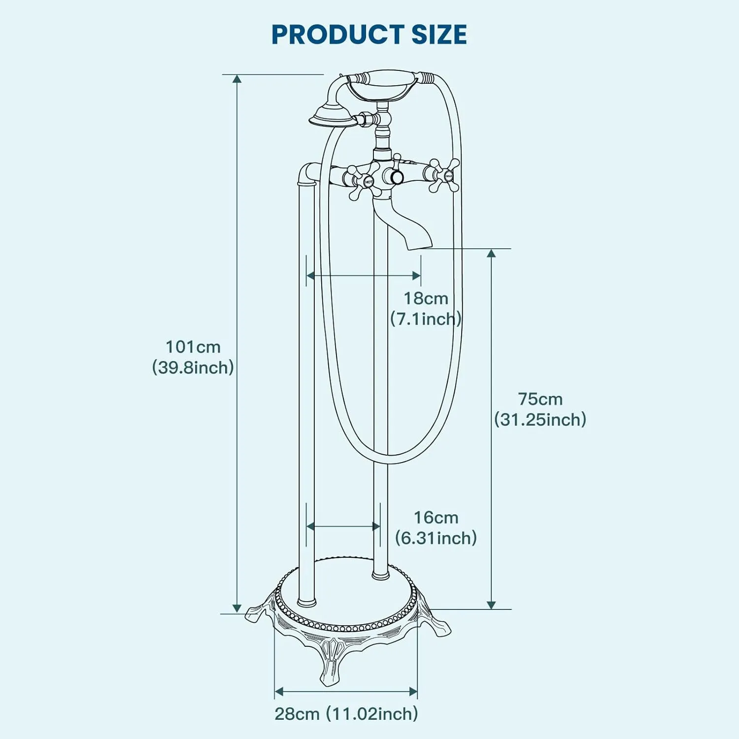 gotonovo Freestanding Bathtub Faucet Floor Mount Tub Filler with Double Cross Knobs 360° Rotation Spout High Flow Floor Standing Bathtub Shower Trumpet Shape Handheld Spray Oil Rubbed Bronze