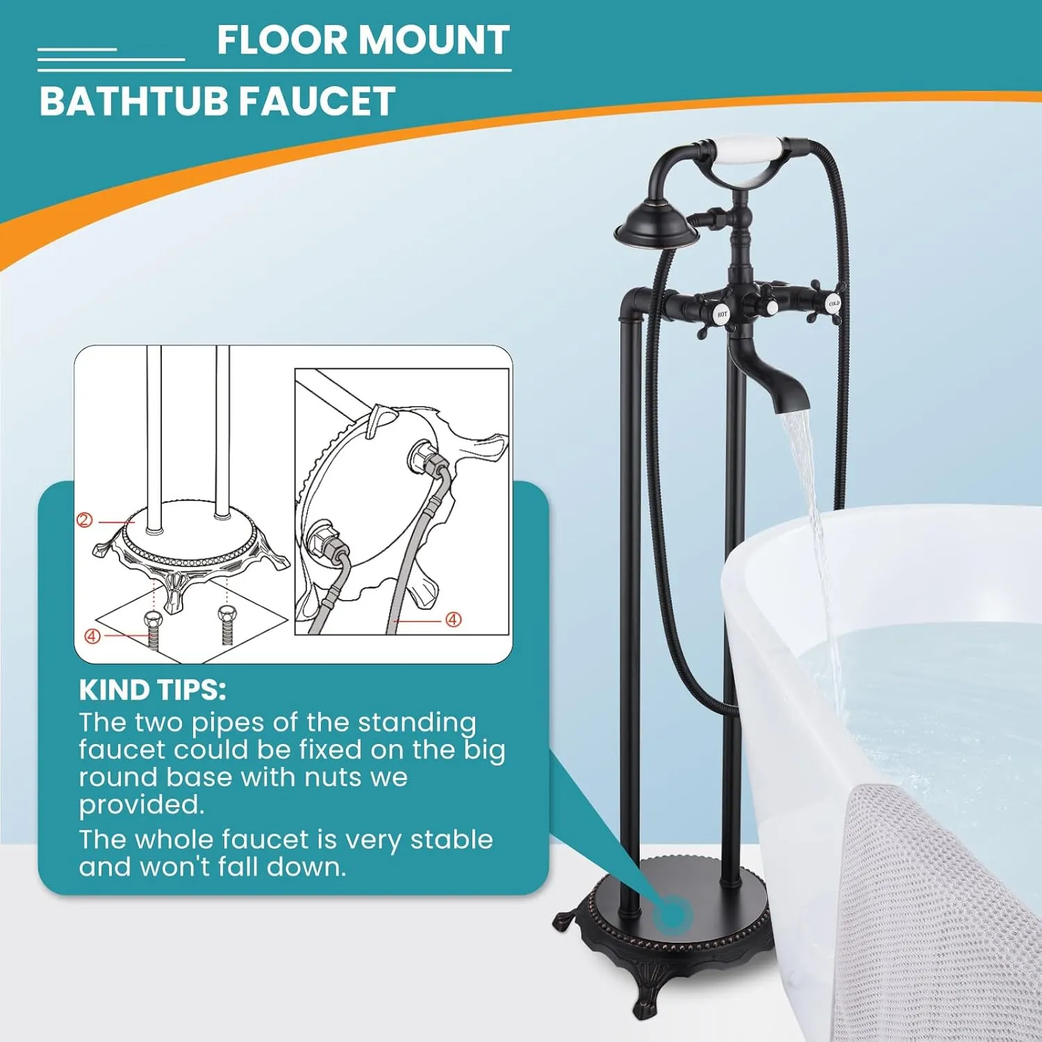 gotonovo Freestanding Bathtub Faucet Floor Mount Tub Filler with Double Cross Knobs 360° Rotation Spout High Flow Floor Standing Bathtub Shower Trumpet Shape Handheld Spray Oil Rubbed Bronze