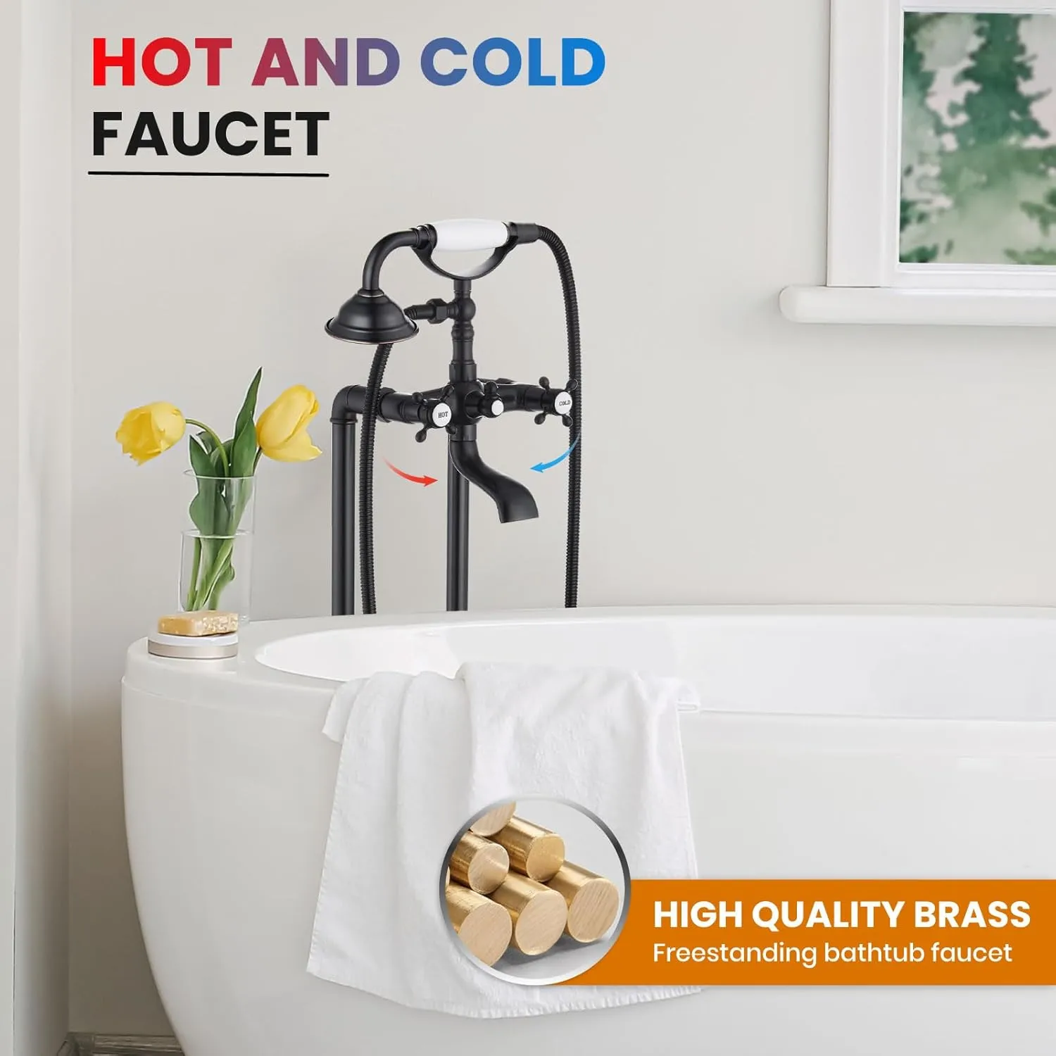 gotonovo Freestanding Bathtub Faucet Floor Mount Tub Filler with Double Cross Knobs 360° Rotation Spout High Flow Floor Standing Bathtub Shower Trumpet Shape Handheld Spray Oil Rubbed Bronze