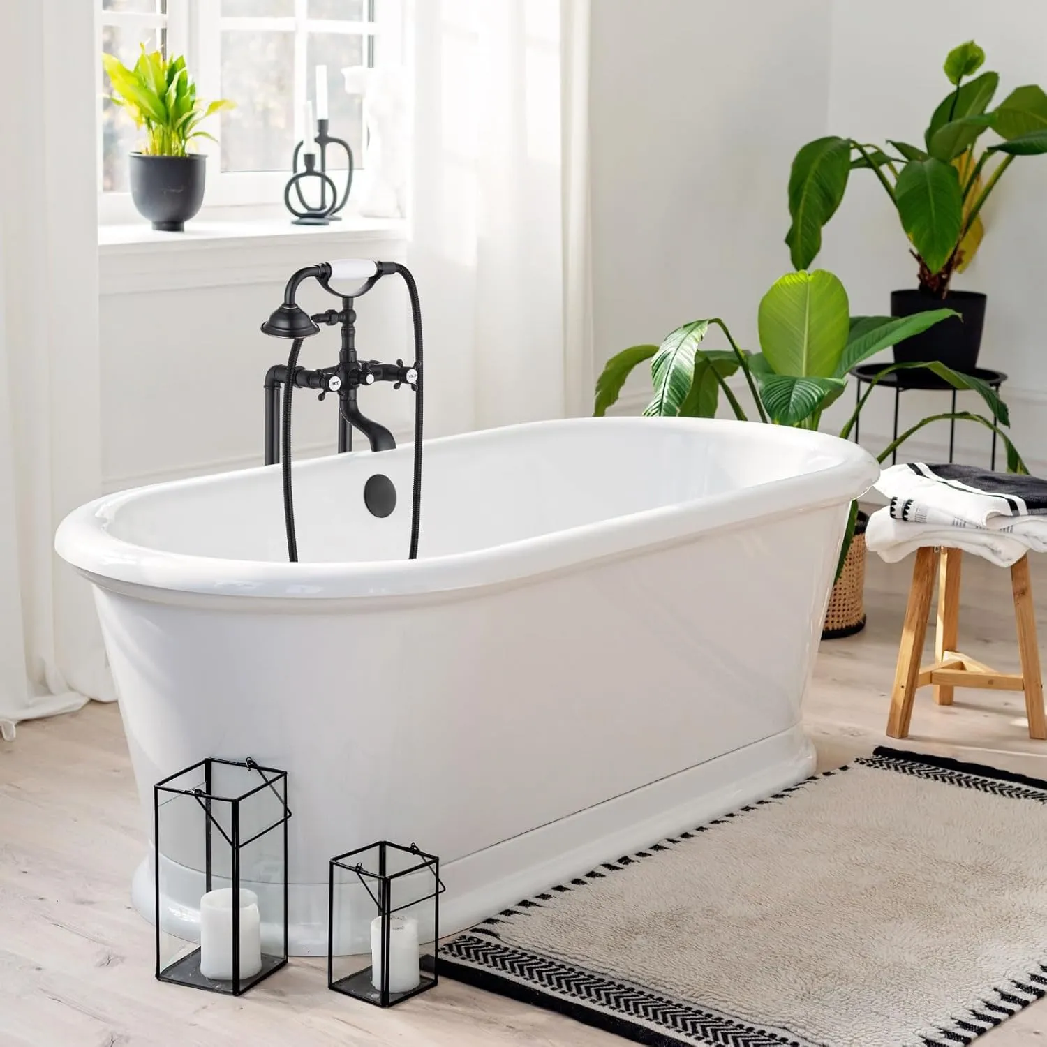 gotonovo Freestanding Bathtub Faucet Floor Mount Tub Filler with Double Cross Knobs 360° Rotation Spout High Flow Floor Standing Bathtub Shower Trumpet Shape Handheld Spray Oil Rubbed Bronze