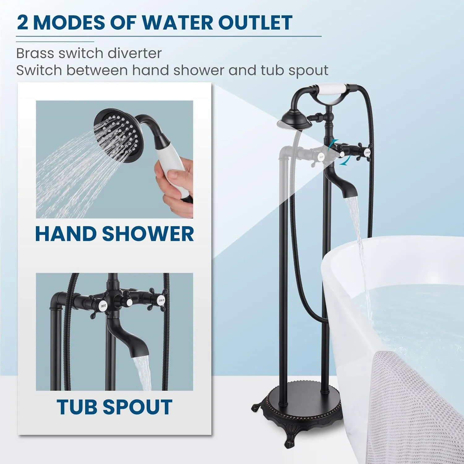 gotonovo Freestanding Bathtub Faucet Floor Mount Tub Filler with Double Cross Knobs 360° Rotation Spout High Flow Floor Standing Bathtub Shower Trumpet Shape Handheld Spray Oil Rubbed Bronze