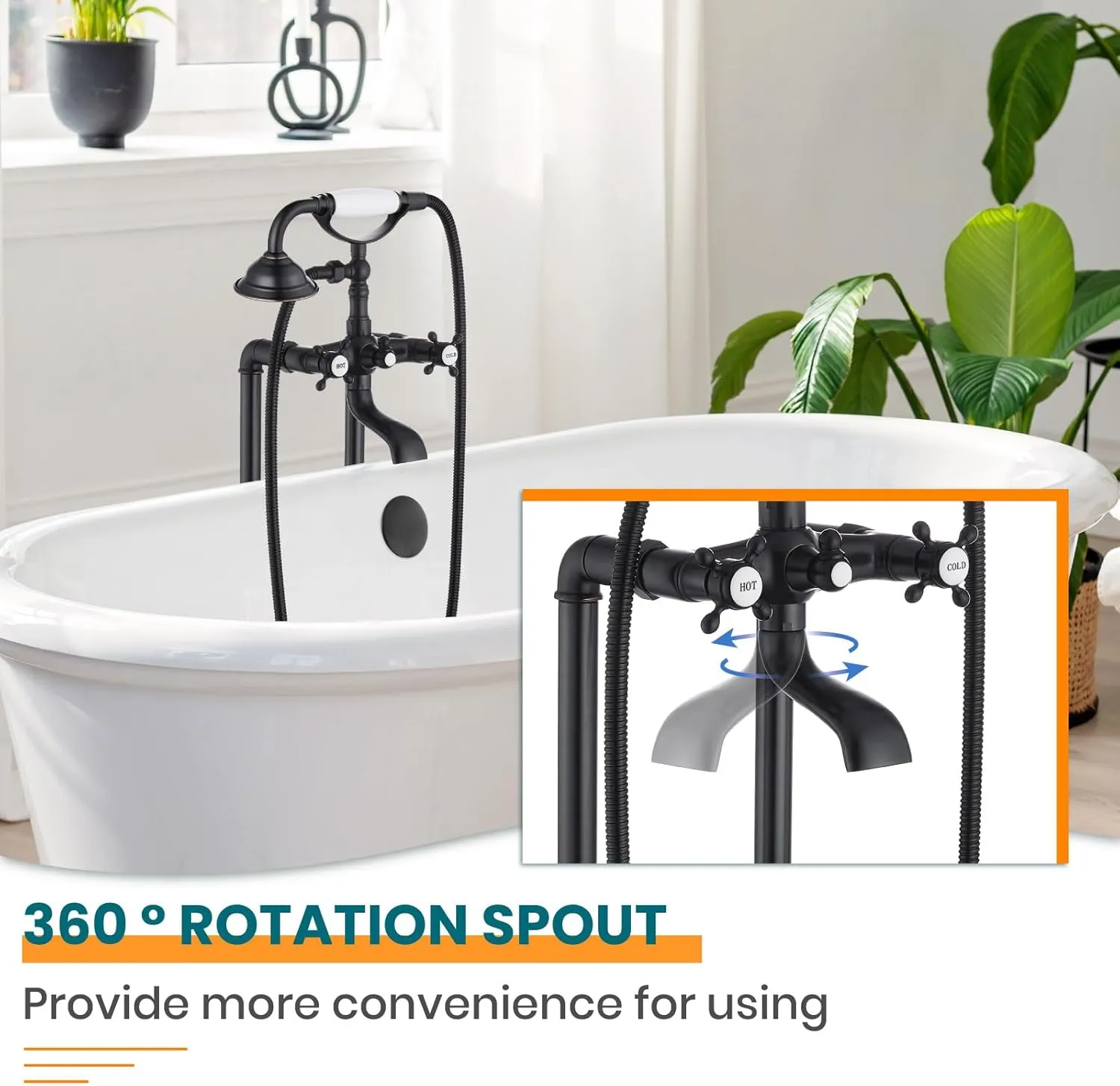 gotonovo Freestanding Bathtub Faucet Floor Mount Tub Filler with Double Cross Knobs 360° Rotation Spout High Flow Floor Standing Bathtub Shower Trumpet Shape Handheld Spray Oil Rubbed Bronze