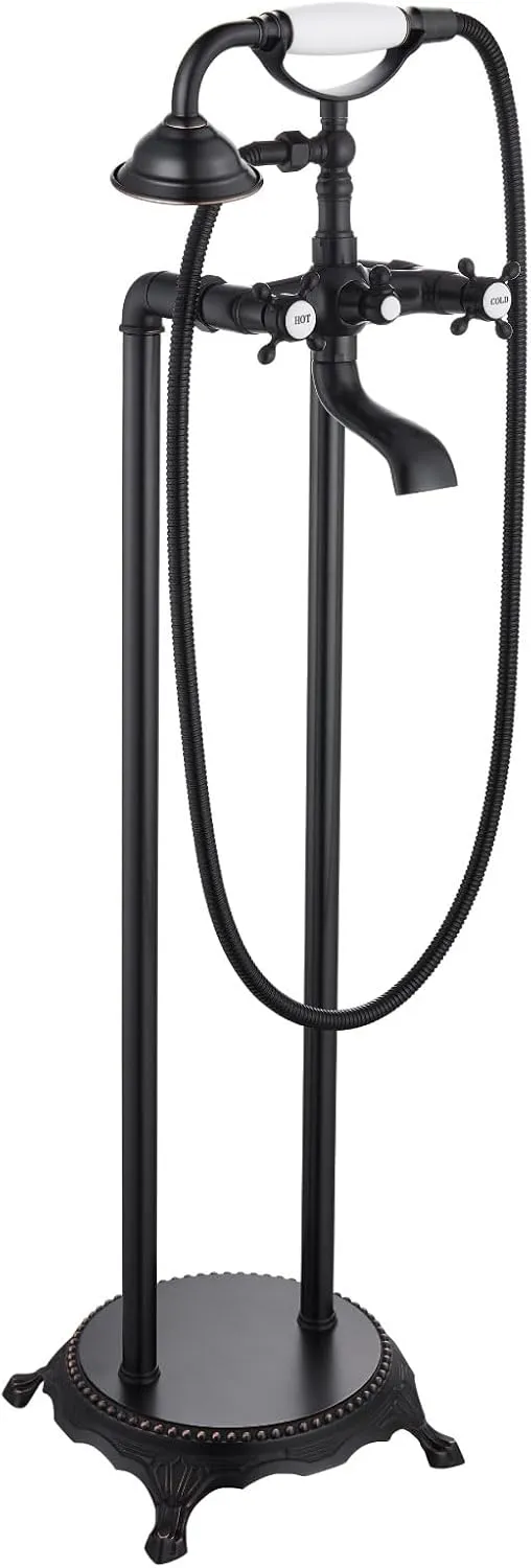 gotonovo Freestanding Bathtub Faucet Floor Mount Tub Filler with Double Cross Knobs 360° Rotation Spout High Flow Floor Standing Bathtub Shower Trumpet Shape Handheld Spray Oil Rubbed Bronze