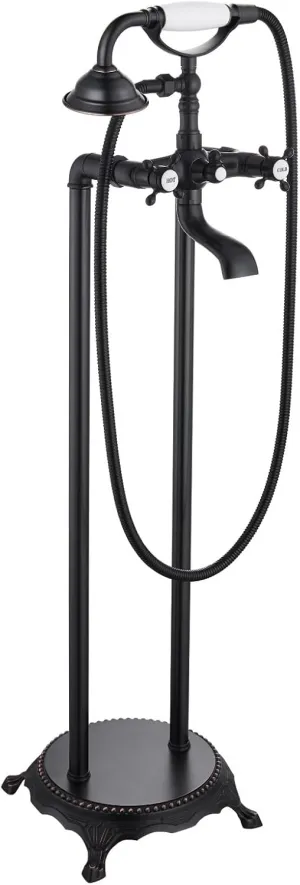 gotonovo Freestanding Bathtub Faucet Floor Mount Tub Filler with Double Cross Knobs 360° Rotation Spout High Flow Floor Standing Bathtub Shower Trumpet Shape Handheld Spray Oil Rubbed Bronze