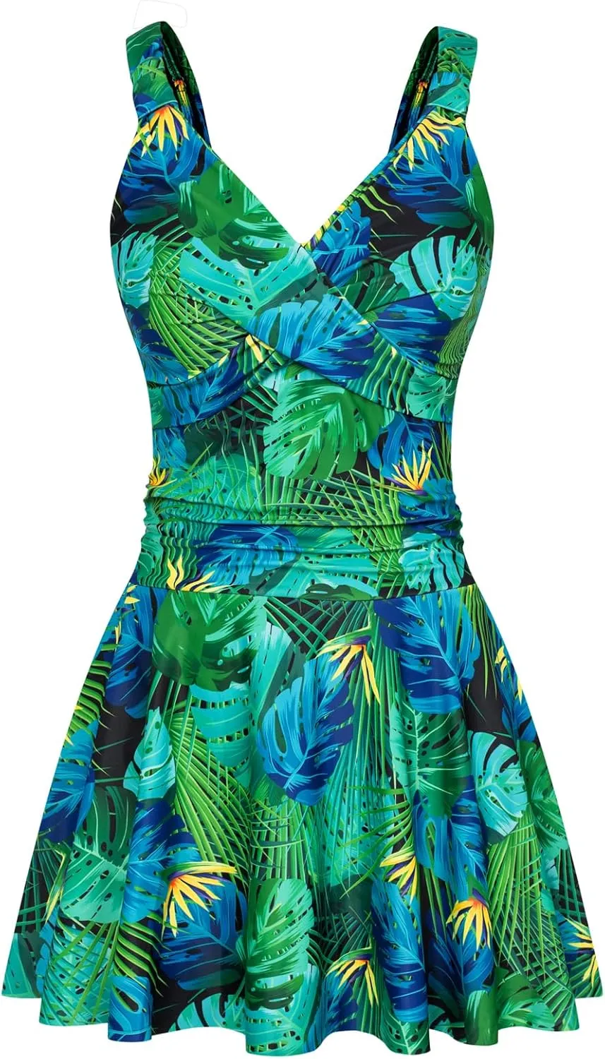 GRACE KARIN Women's One Piece Swimdress Tummy Control Bathing Suit V Neck Swimsuit Ruched Skirt Swimwear