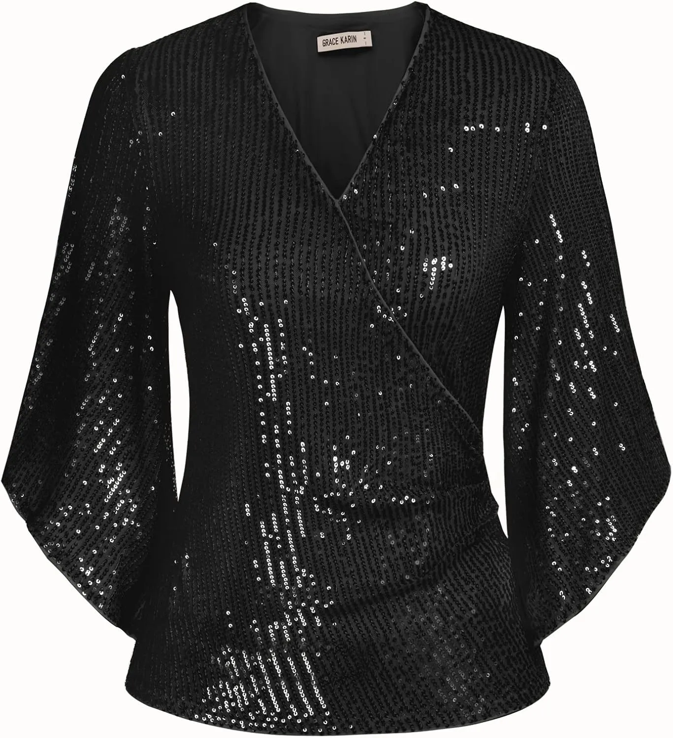 GRACE KARIN Womens Sequin Tops 3/4 Sleeve Glitter Sparkly Party Blouse V-Neck Dressy Tops for Evening Party