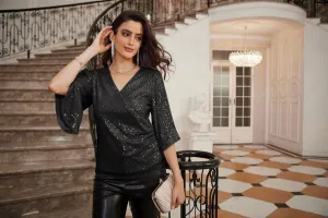 GRACE KARIN Womens Sequin Tops 3/4 Sleeve Glitter Sparkly Party Blouse V-Neck Dressy Tops for Evening Party