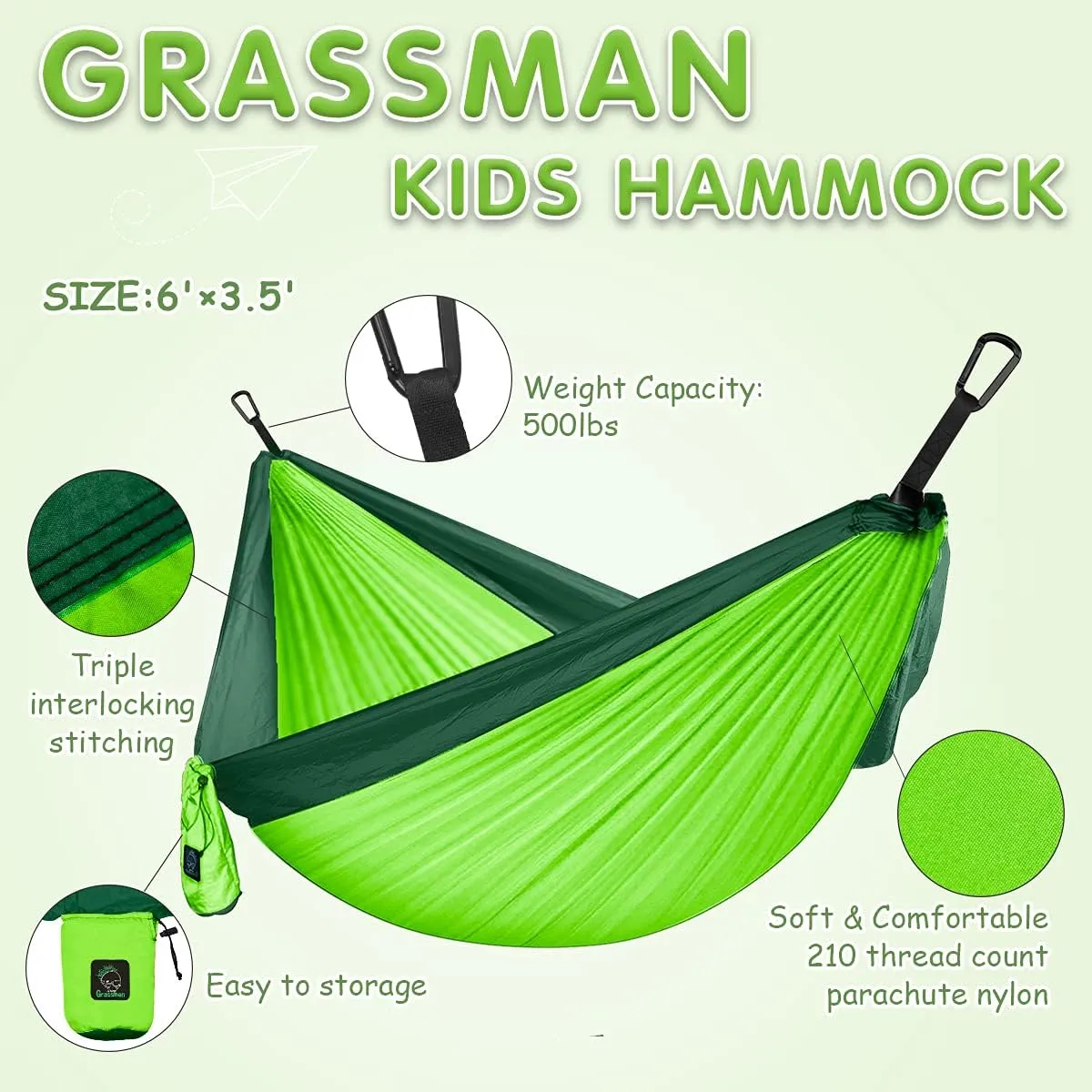 Grassman Kids Small Hammock for Camping Portable Hammock for Child Girls Boys Ultralight Backpack Mini Hammocks with Straps Green