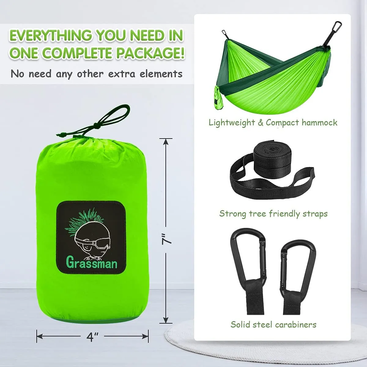 Grassman Kids Small Hammock for Camping Portable Hammock for Child Girls Boys Ultralight Backpack Mini Hammocks with Straps Green