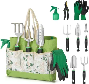 GreatBuddy Garden Tool Set for Women, 9 Piece Heavy Duty Rust-Proof Gardening Tool Set with Ergonomic Handles & Durable Organizer Handbag, Ideal Gardening Gifts for Mothers, Gardener, Beginners