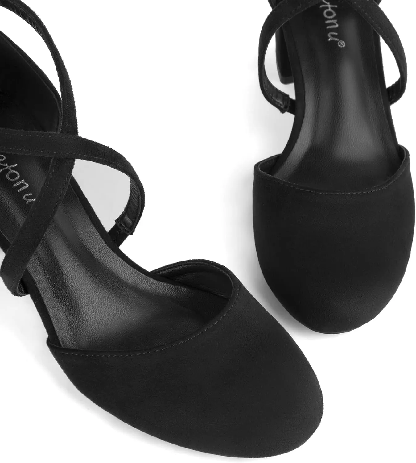 Greatonu Women's Low Block Heeled Dress Pumps Closed Round Toe Cross Strap Wedding Bridal Party Office Shoes 2.5 Inch