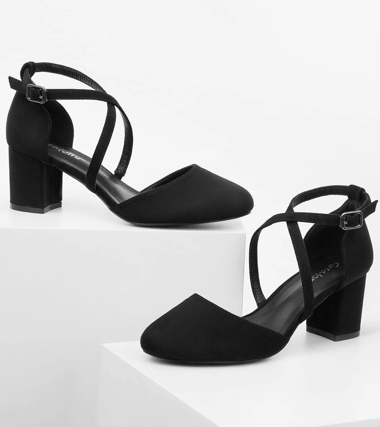 Greatonu Women's Low Block Heeled Dress Pumps Closed Round Toe Cross Strap Wedding Bridal Party Office Shoes 2.5 Inch