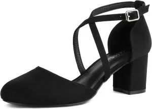 Greatonu Women's Low Block Heeled Dress Pumps Closed Round Toe Cross Strap Wedding Bridal Party Office Shoes 2.5 Inch