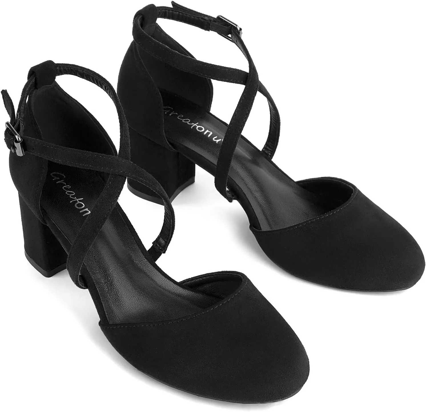 Greatonu Women's Low Block Heeled Dress Pumps Closed Round Toe Cross Strap Wedding Bridal Party Office Shoes 2.5 Inch
