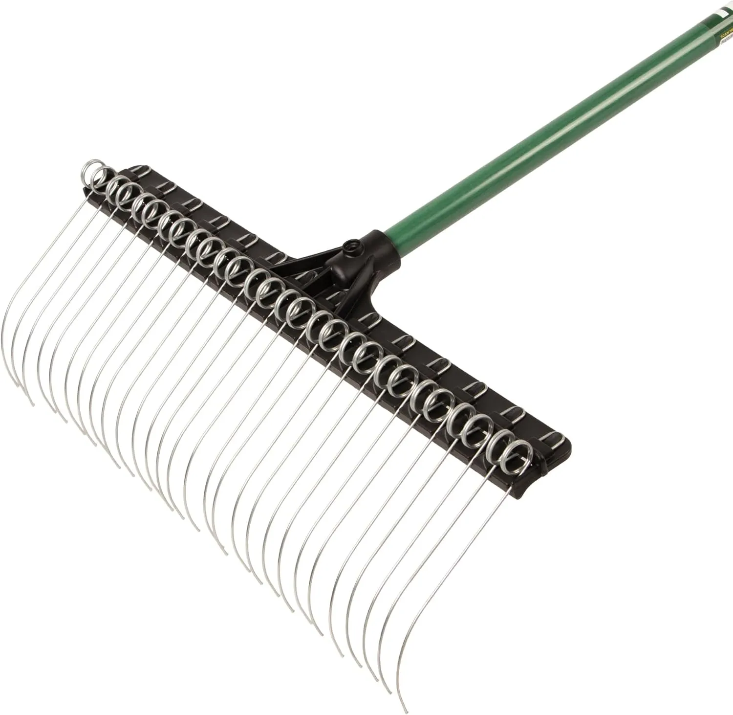 Green Rake 55-inch Lightweight Fiberglass Handle, 21-inch Head, Durable Steel Tines for Gardening, De-Thatching or Professional Landscaping