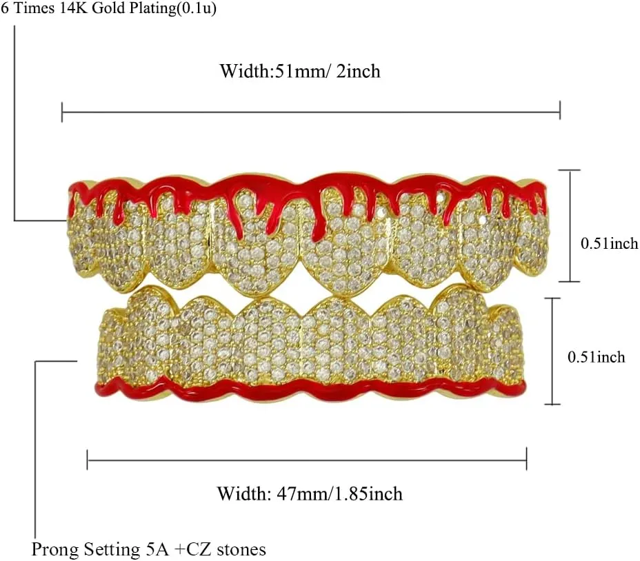 Grillz Vampire Teeth Silver Grills for Your Teeth Diamond Grillz for Women Hip Hop 14K Gold Plated Red Flame Vampire Fang Top Bottom Gold Grillz Teeth Men Cosplay Rapper Costume