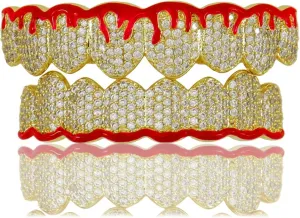Grillz Vampire Teeth Silver Grills for Your Teeth Diamond Grillz for Women Hip Hop 14K Gold Plated Red Flame Vampire Fang Top Bottom Gold Grillz Teeth Men Cosplay Rapper Costume