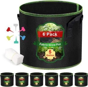 Grow Bags 6 Pcs - 5 Gallon Grow Bags with Durable Handles, Thickened Nonwoven Grow Bag to Grow Vegetables, Grow Bags 5 Gallon for Outdoor Fruits Flowers Potato Tomato Planting, Black