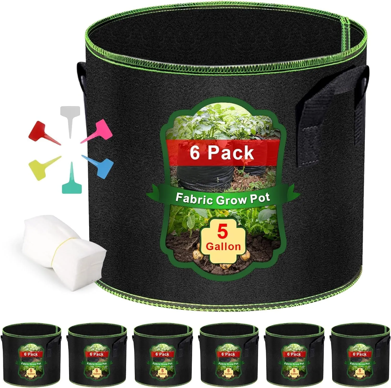 Grow Bags 6 Pcs - 5 Gallon Grow Bags with Durable Handles, Thickened Nonwoven Grow Bag to Grow Vegetables, Grow Bags 5 Gallon for Outdoor Fruits Flowers Potato Tomato Planting, Black