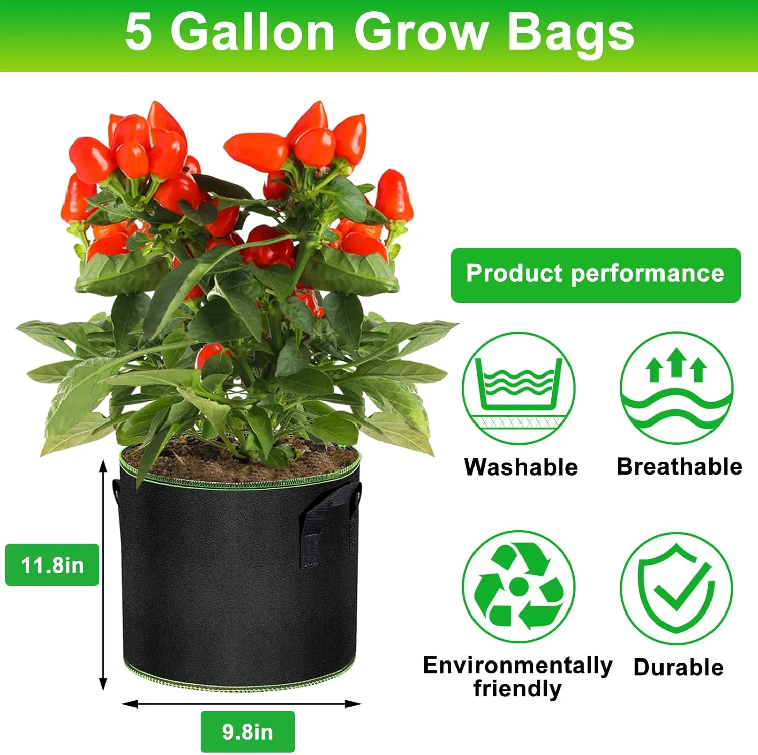 Grow Bags 6 Pcs - 5 Gallon Grow Bags with Durable Handles, Thickened Nonwoven Grow Bag to Grow Vegetables, Grow Bags 5 Gallon for Outdoor Fruits Flowers Potato Tomato Planting, Black