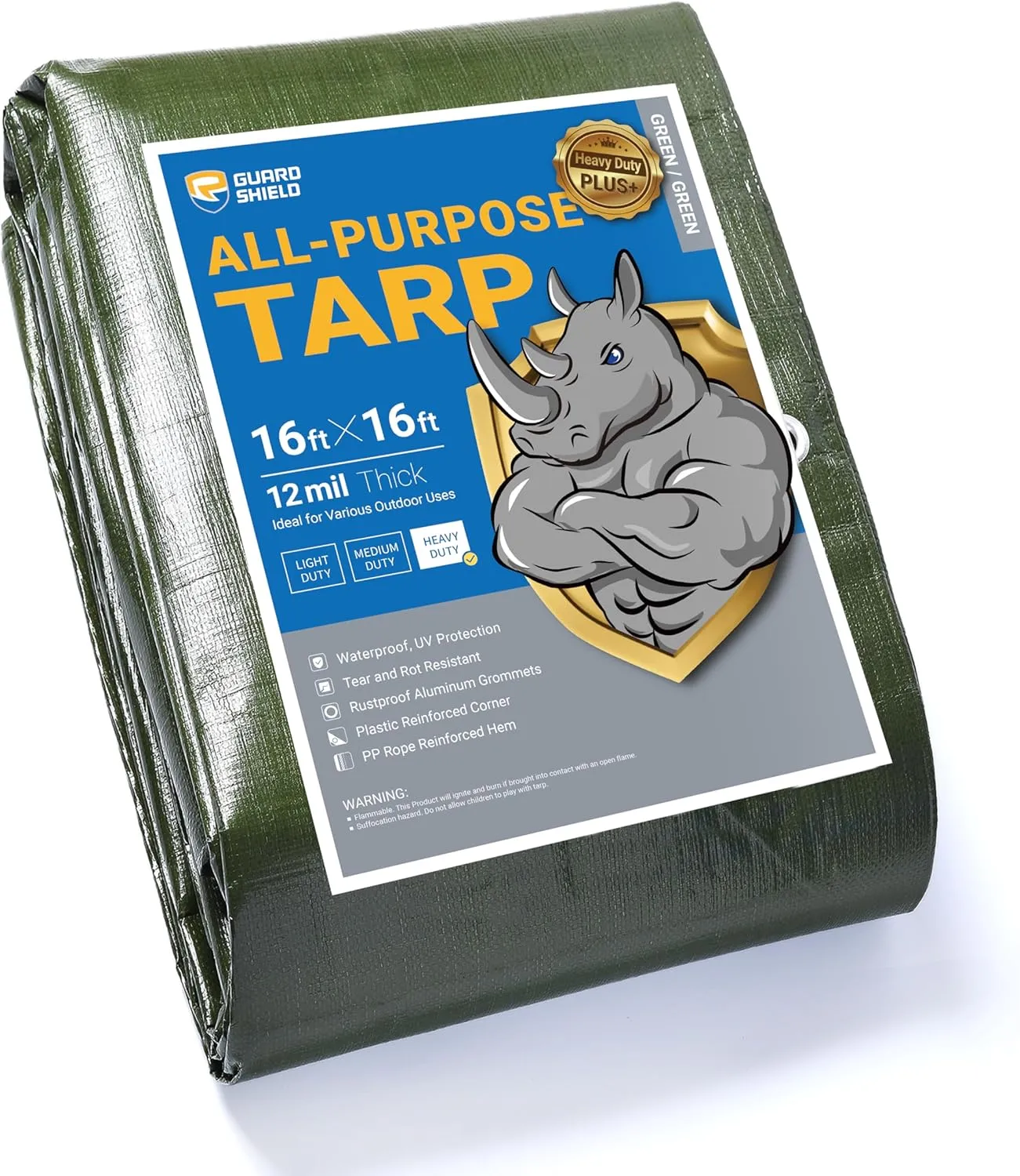 GUARD SHIELD Tarp Green Tarps Heavy Duty Waterproof 16x16 Feet Extra Large Outdoor Tarp Cover 12mil
