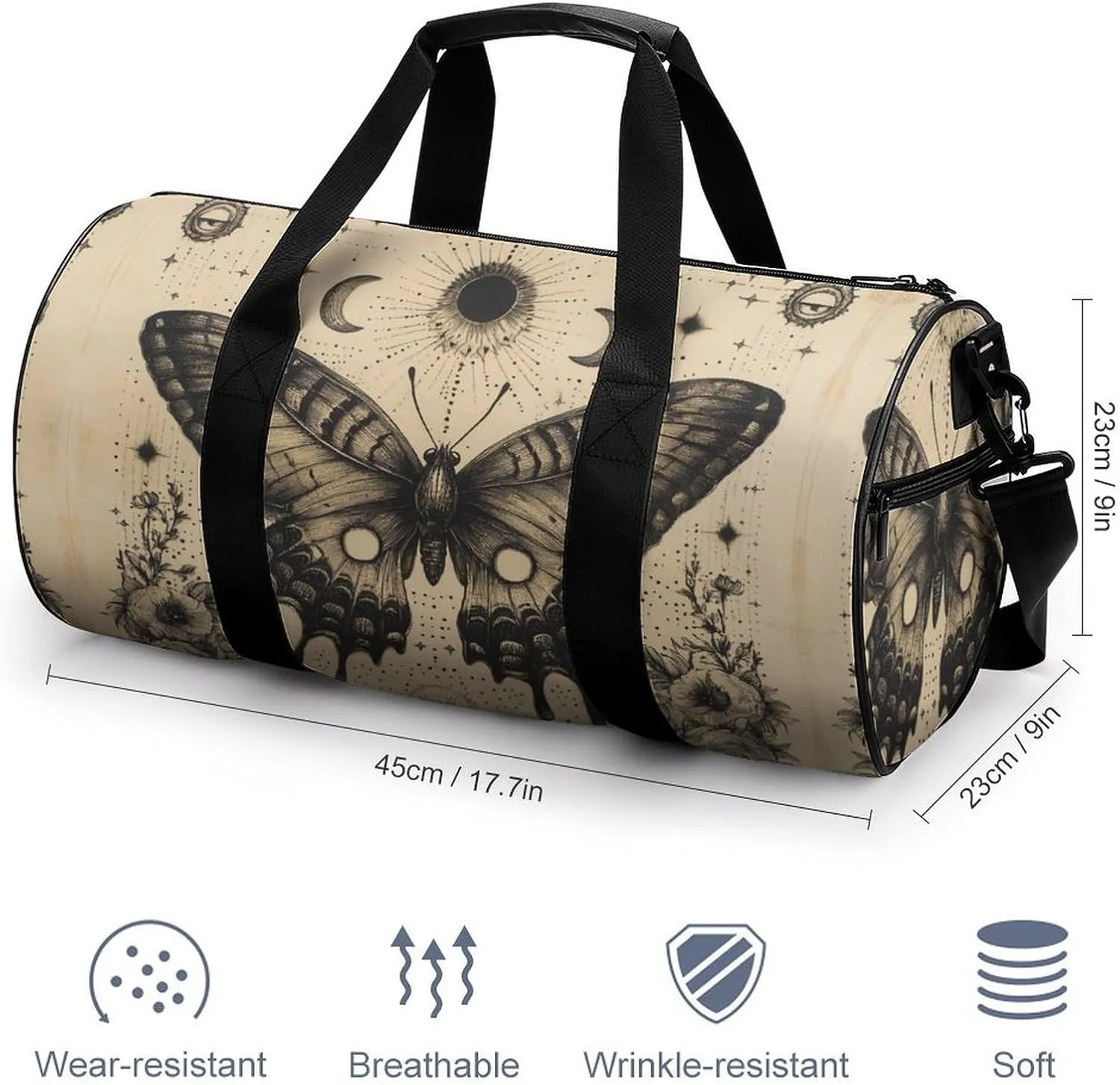 Gym Bag for Men Women Lightweight Sports Duffle Bag with Multiple Compartments Cylindrical Gym Bag for Fitness Travel And Outdoor Activities Ater Resistant Yoga Bag Training Bag Celestial Butterfly