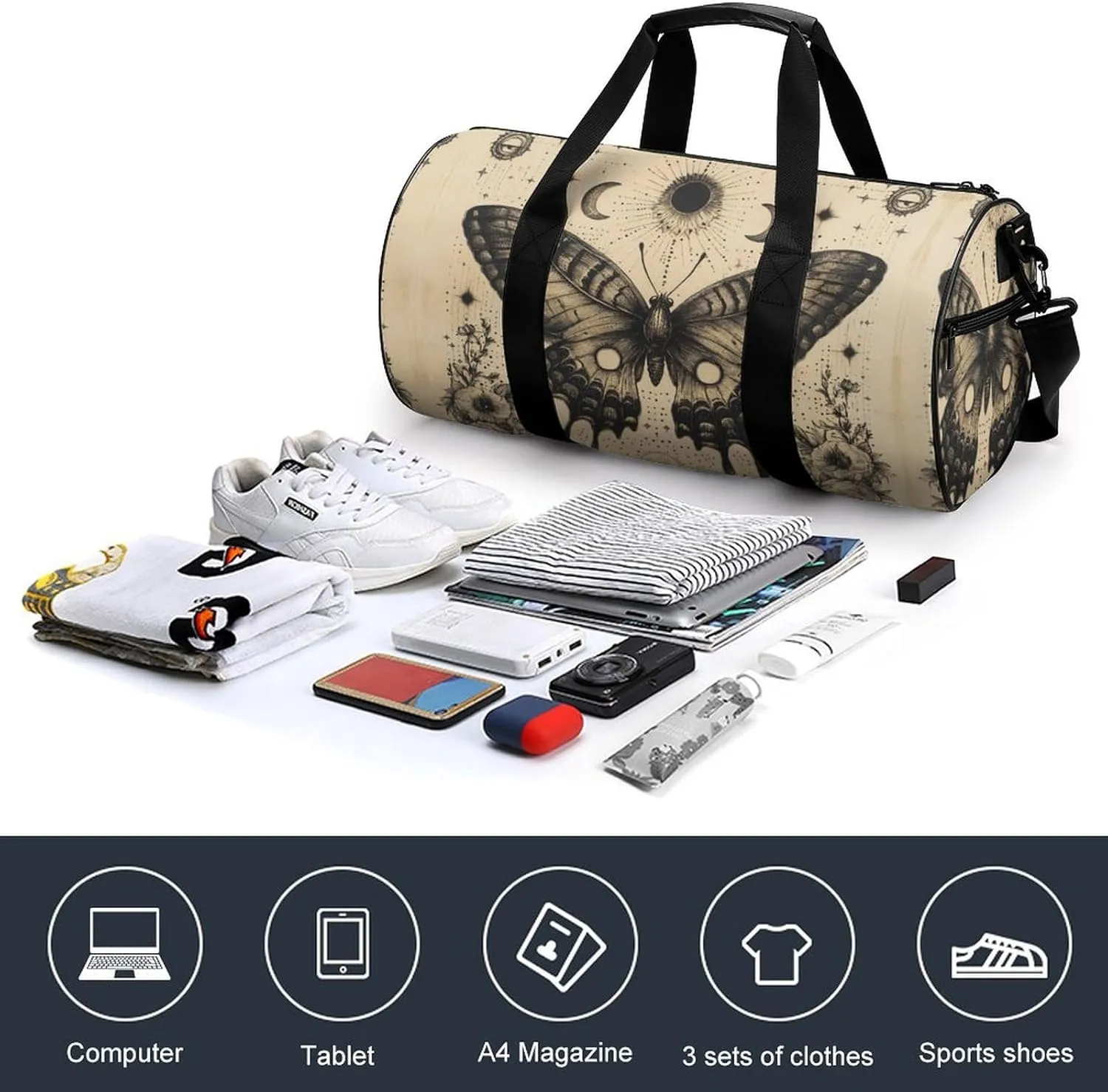 Gym Bag for Men Women Lightweight Sports Duffle Bag with Multiple Compartments Cylindrical Gym Bag for Fitness Travel And Outdoor Activities Ater Resistant Yoga Bag Training Bag Celestial Butterfly