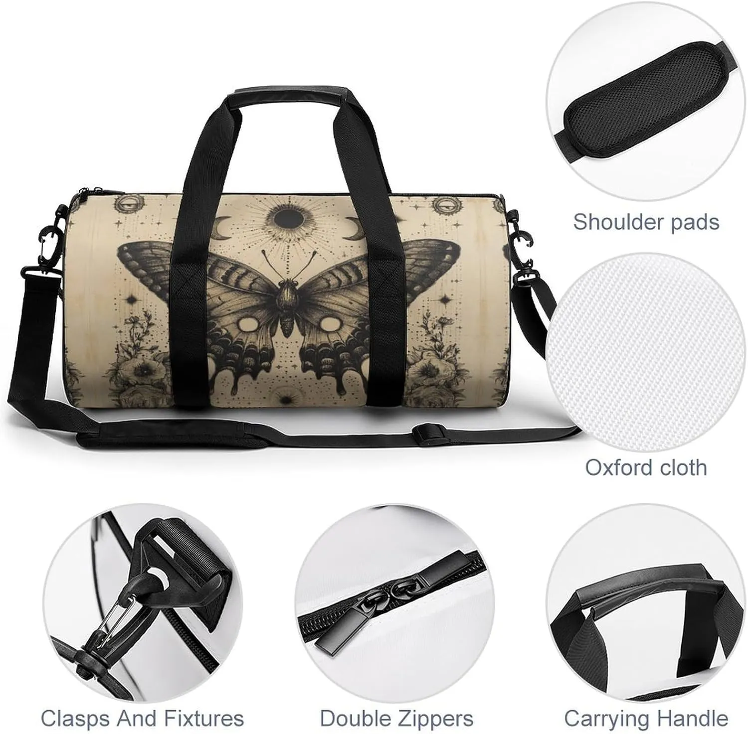 Gym Bag for Men Women Lightweight Sports Duffle Bag with Multiple Compartments Cylindrical Gym Bag for Fitness Travel And Outdoor Activities Ater Resistant Yoga Bag Training Bag Celestial Butterfly