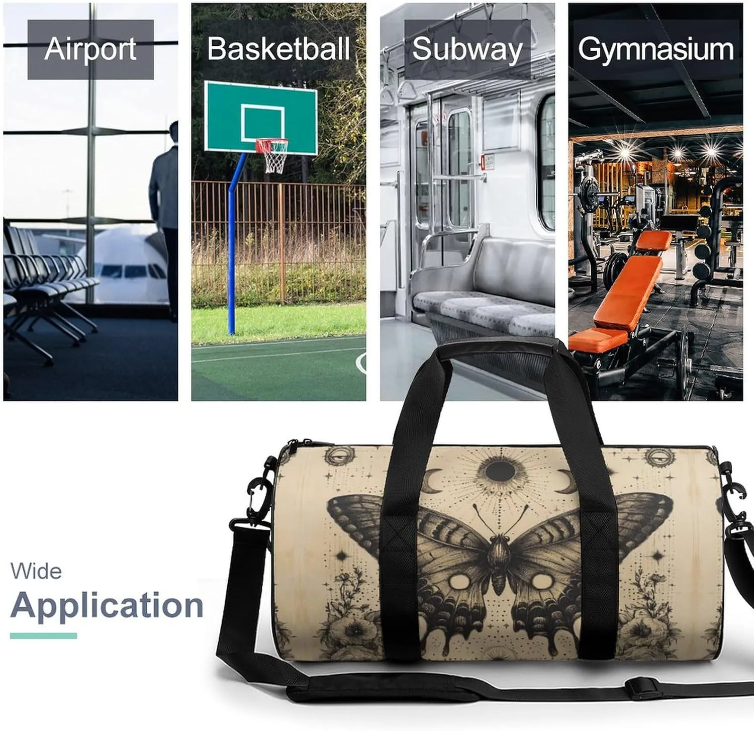 Gym Bag for Men Women Lightweight Sports Duffle Bag with Multiple Compartments Cylindrical Gym Bag for Fitness Travel And Outdoor Activities Ater Resistant Yoga Bag Training Bag Celestial Butterfly