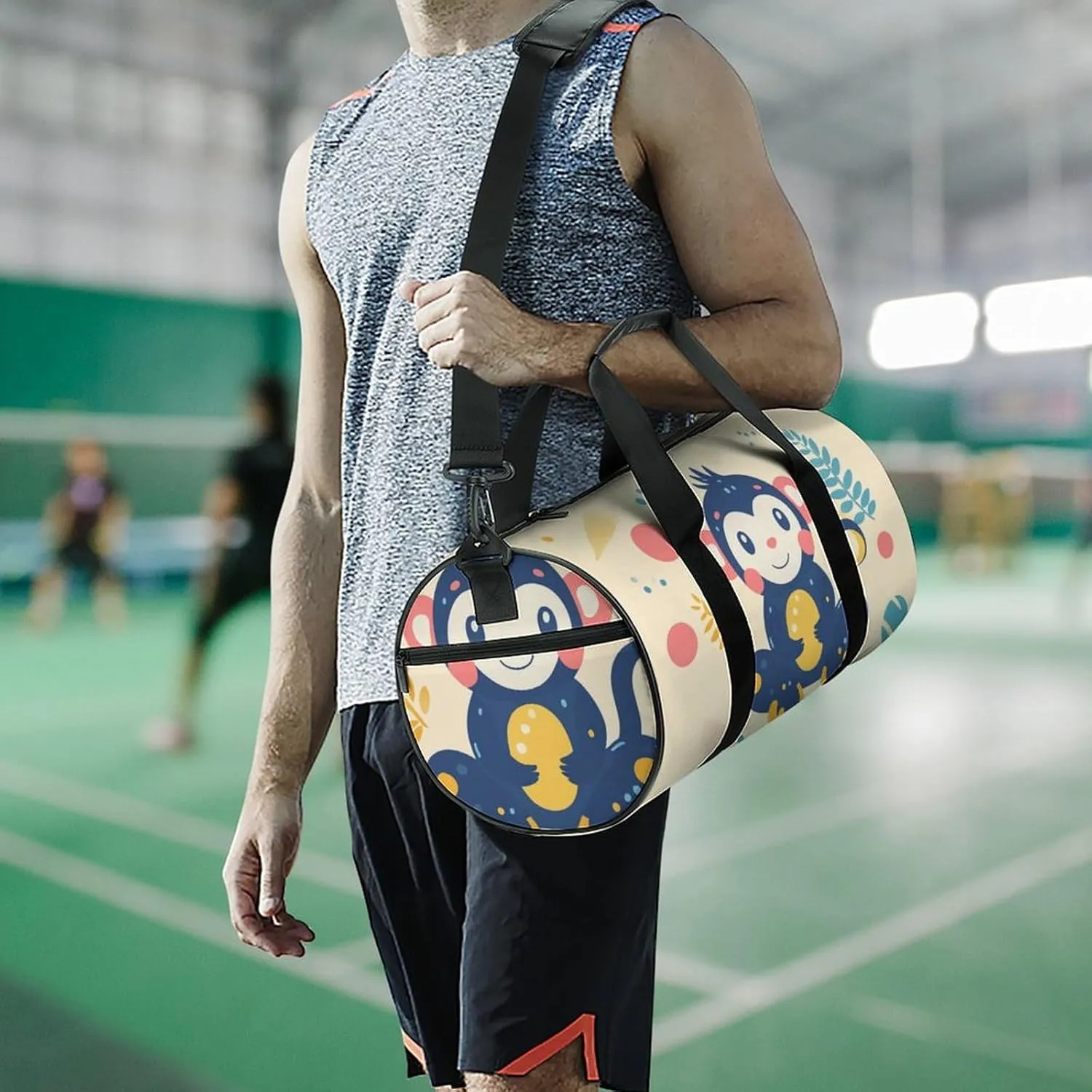 Gym Bag for Men Women Lightweight Sports Duffle Bag with Multiple Compartments Cylindrical Gym Bag for Fitness Travel And Outdoor Activities Ater Resistant Yoga Bag Training Bag Cheerful Monkey